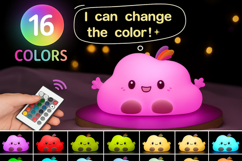 Pink animated character light with remote control and color-changing feature on a dark background
