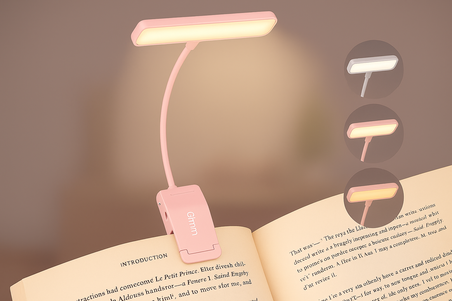 Pink booklight on an open book with a blurred background