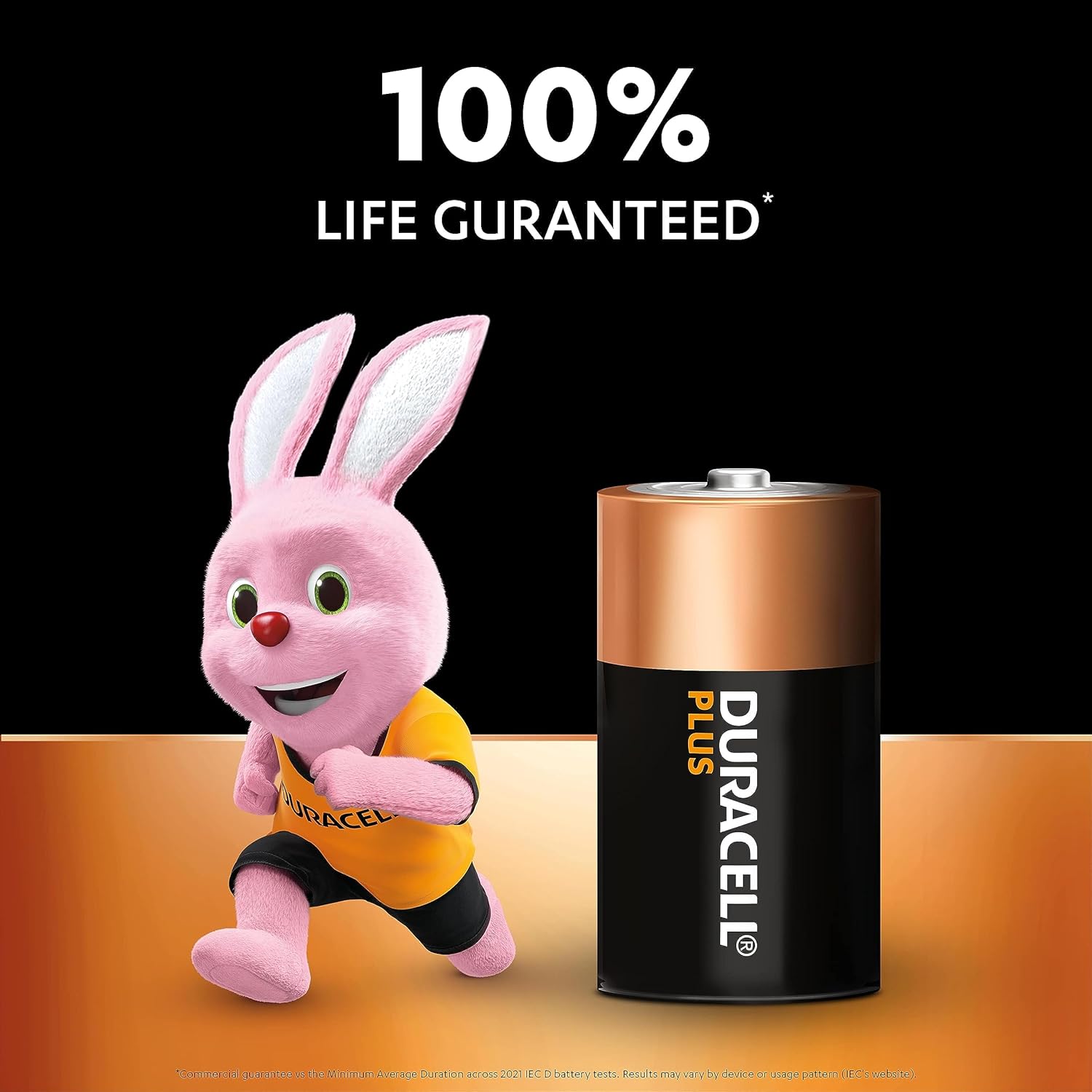 Pink bunny character in a yellow shirt next to a Duracell battery on a black background with '100% Life Guaranteed' text.