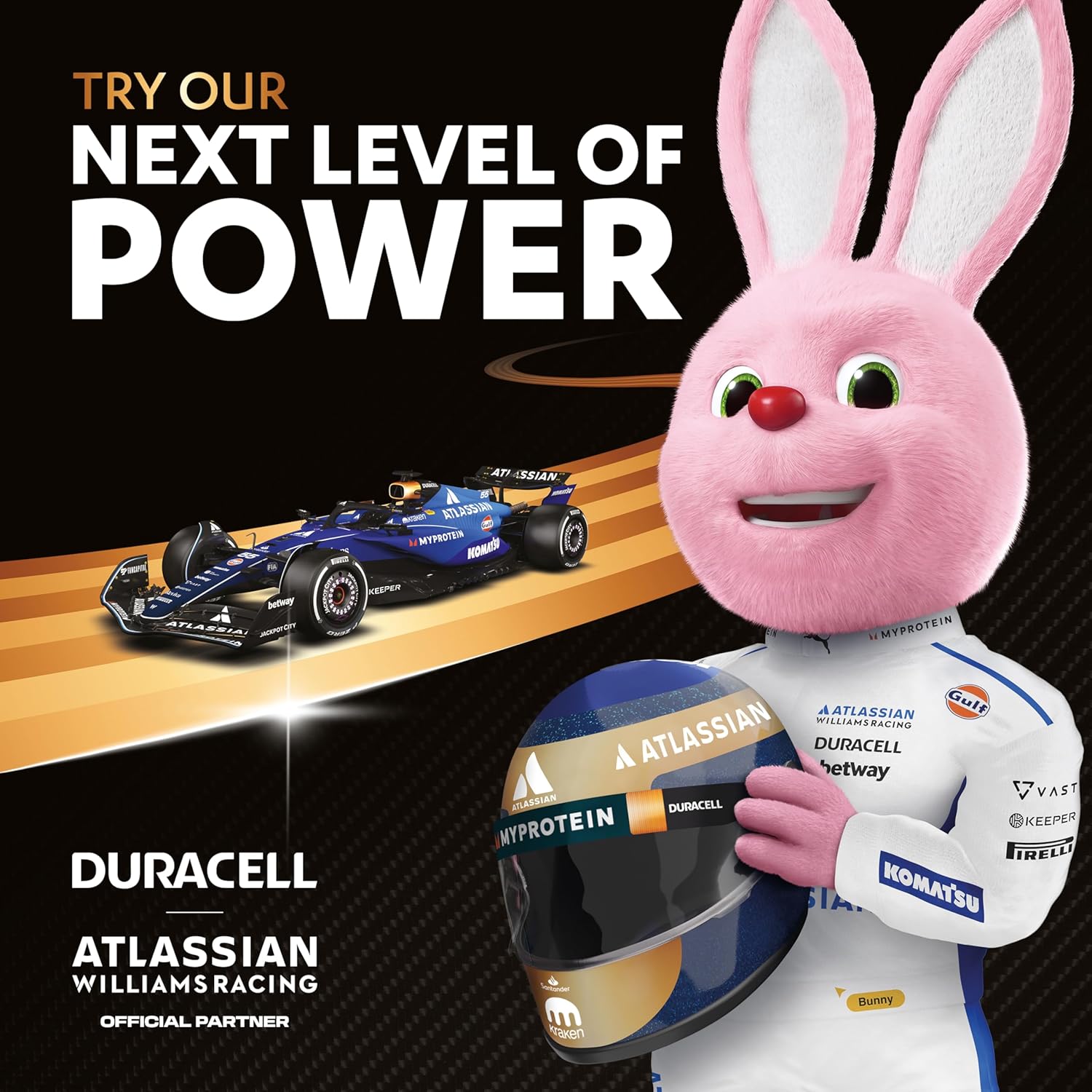 Pink bunny mascot holding a racing helmet with a race car and text about Duracell and Atlassian Williams Racing on a black background.