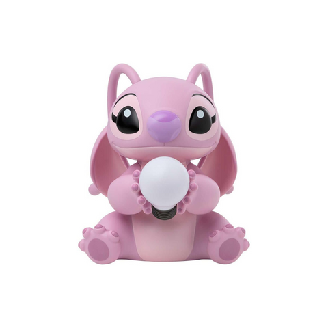 Pink cartoon-like creature holding a light bulb on a white background