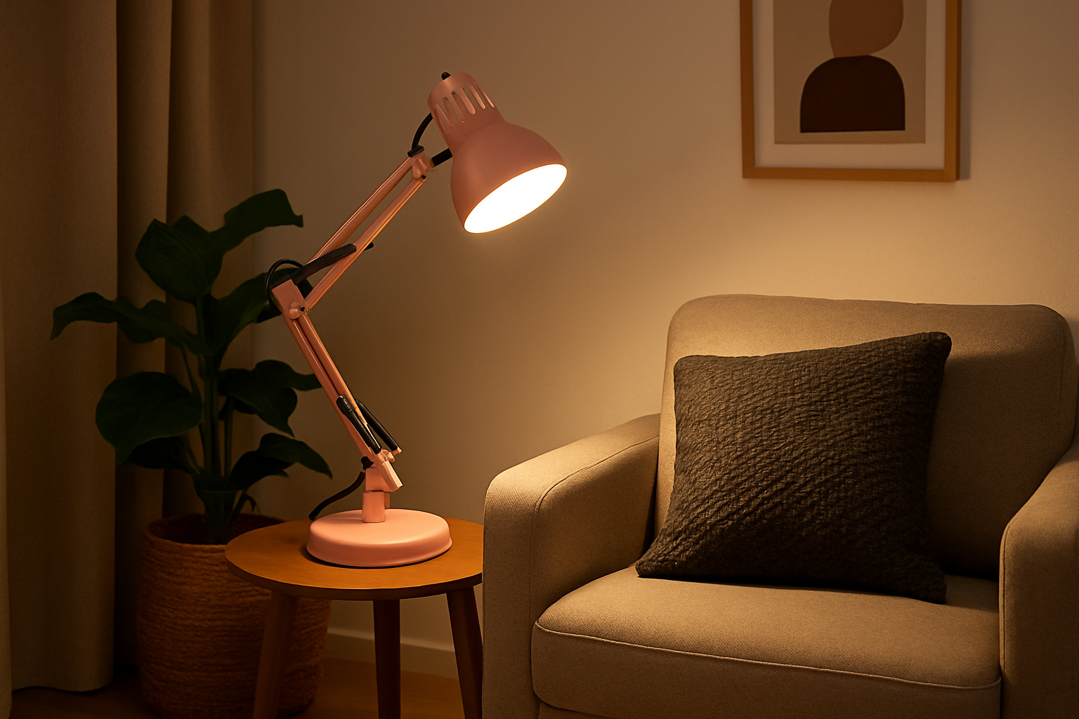 Pink desk lamp on a small round table next to a beige armchair with a dark pillow, in a cozy room setting.