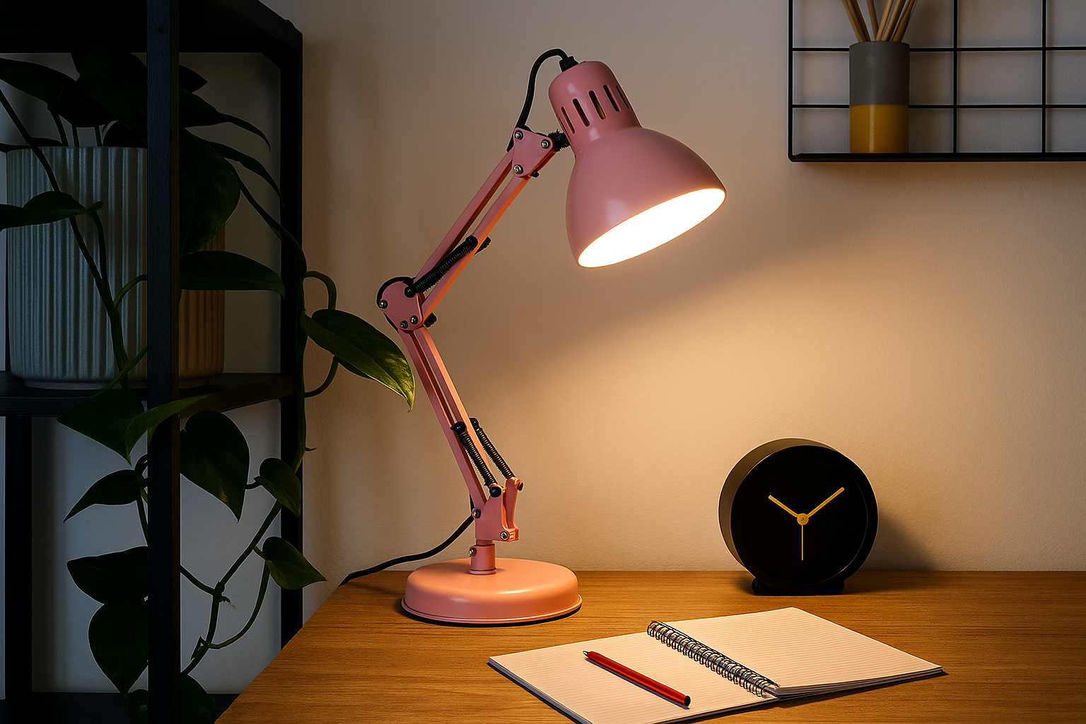 Pink desk lamp on a wooden surface with a notebook and pen, in a cozy room setting.