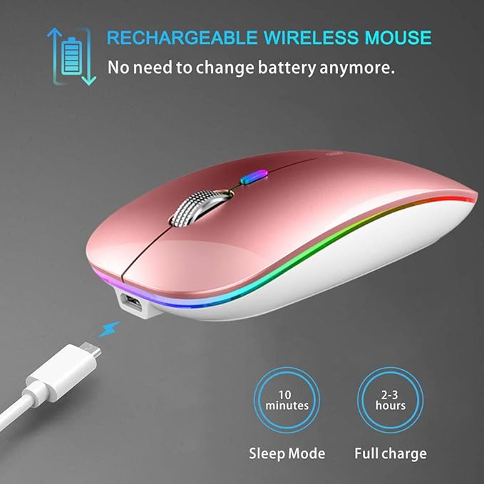 Pink rechargeable wireless mouse with charging cable on a gray background