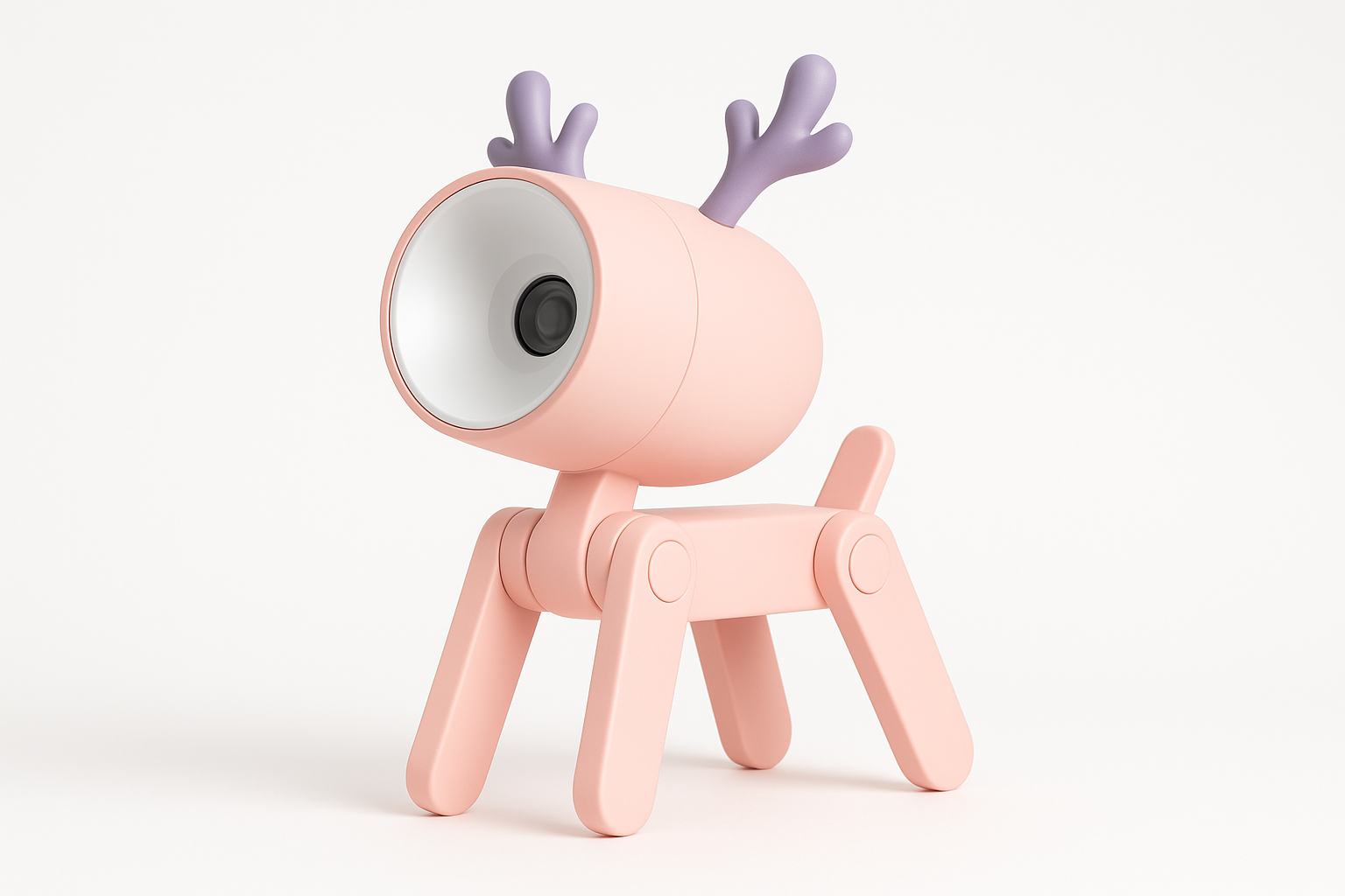 Pink toy reindeer with a white circular feature on a light gray background