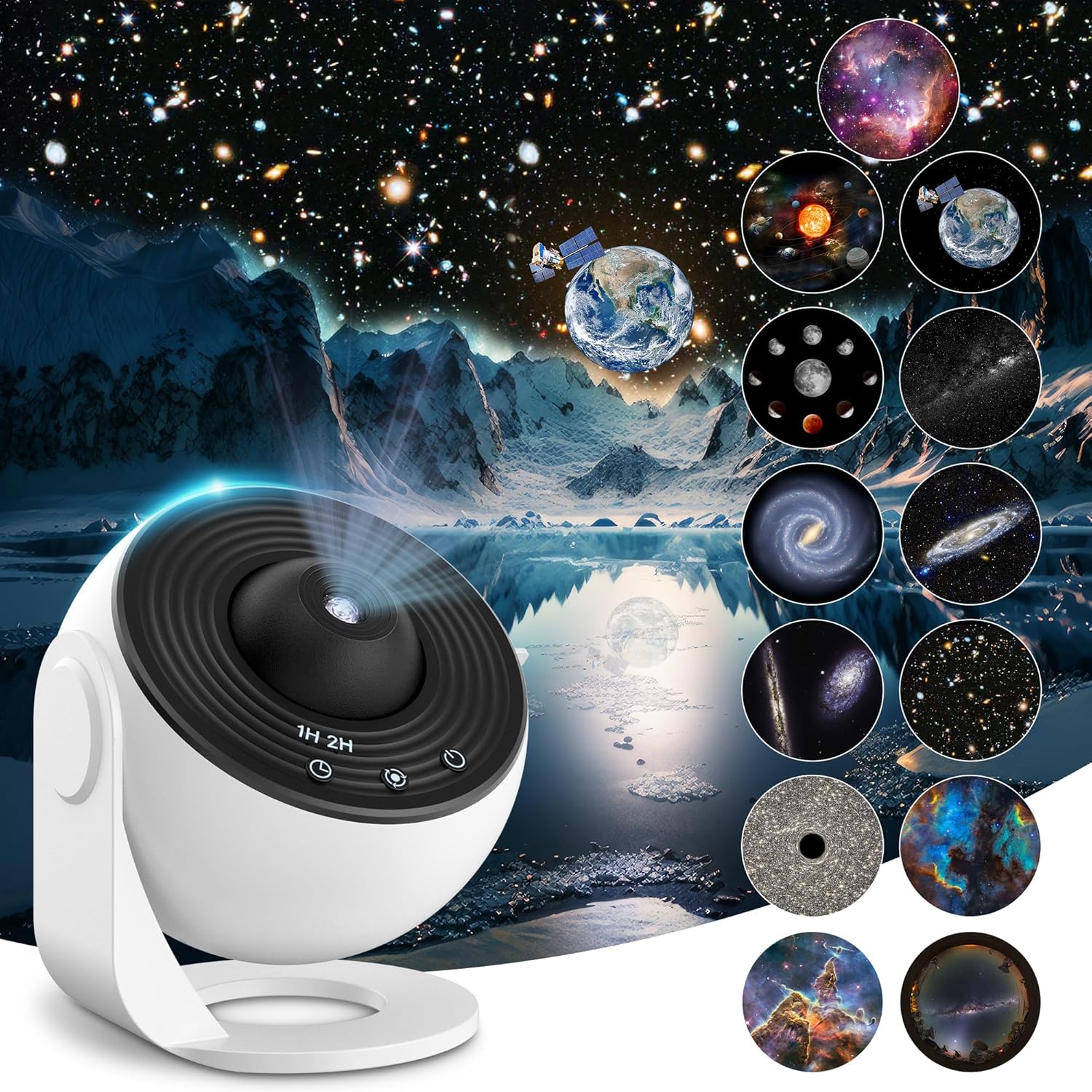Planetarium projector with celestial designs on a dark space-themed background
