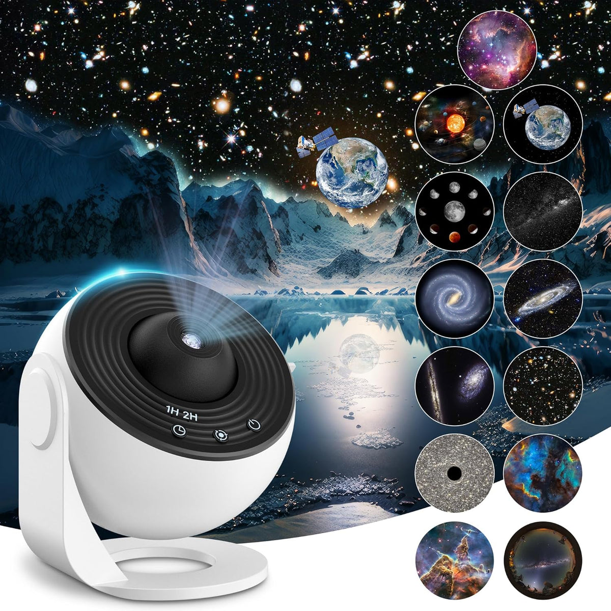 Planetarium projector with celestial designs on a dark space-themed background