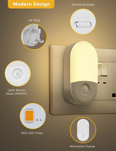 Plug-in night light with features highlighted on a beige background
