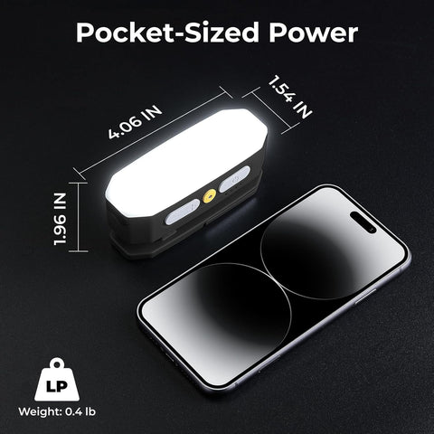 Pocket-sized power device with dimensions and weight displayed next to a smartphone on a black background.