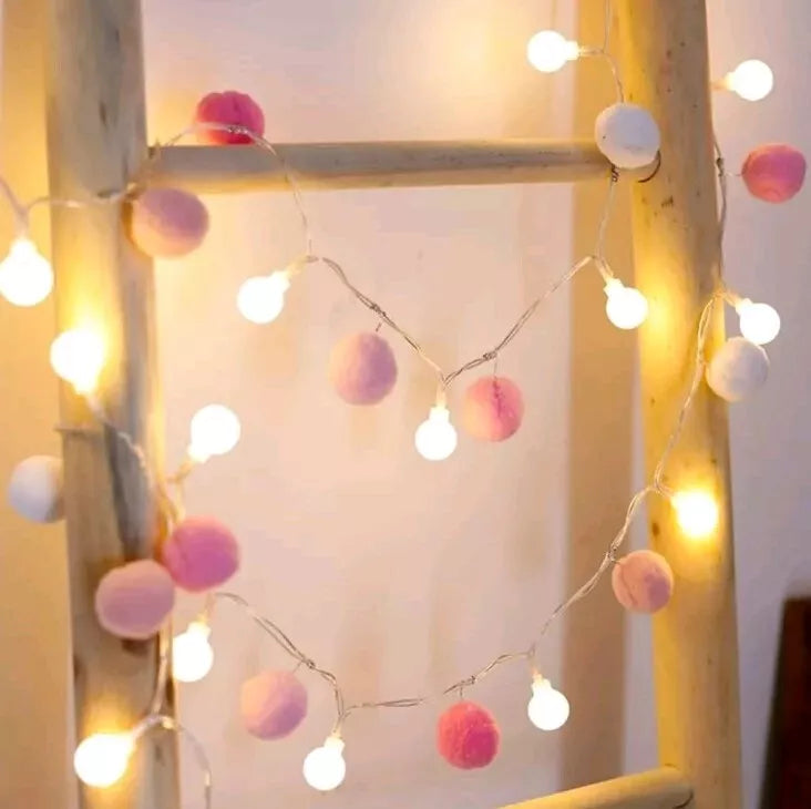 Pom Pom Fairy Lights - 2m Fairy Lights for Girls Bedroom, Pompom Garland with LED, Wool Felt Ball Bunting for Kids Playroom, Pastel Ball Garland for Wall Hanging Ornament Decoration
