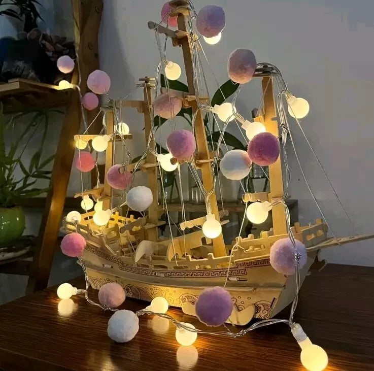 Pom Pom Fairy Lights - 2m Fairy Lights for Girls Bedroom, Pompom Garland with LED, Wool Felt Ball Bunting for Kids Playroom, Pastel Ball Garland for Wall Hanging Ornament Decoration
