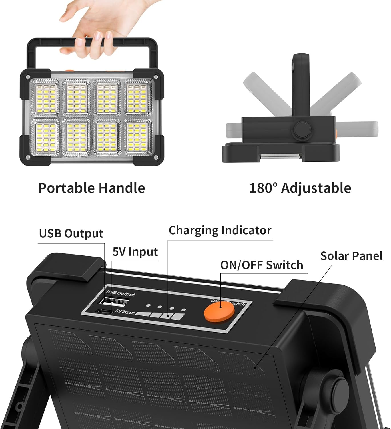 Portable LED work light with features labeled on a white background