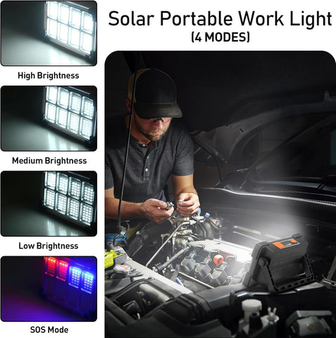 Solar portable work light with various brightness modes and a person using it under a car.