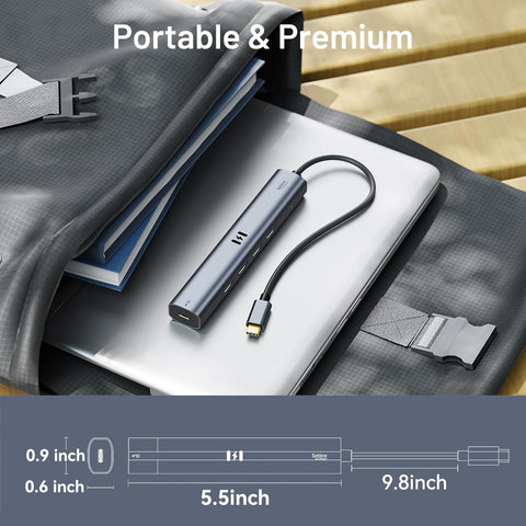 Portable USB-C hub on a backpack with dimensions displayed