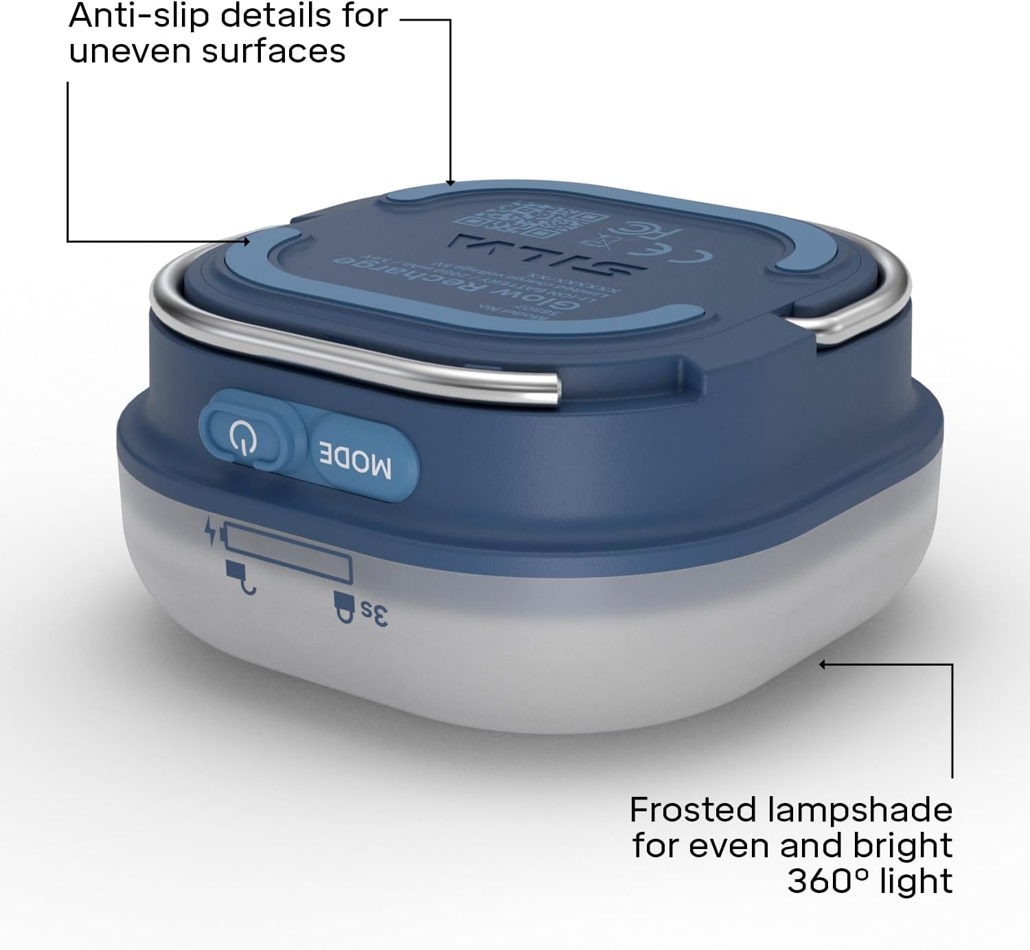 Portable camping light with anti-slip details and frosted lampshade on a white background