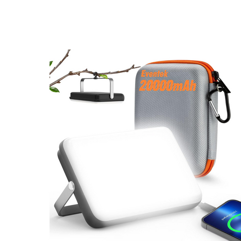 Portable charging station with phone stand and 'Eventek 20000mAh' text on a white background