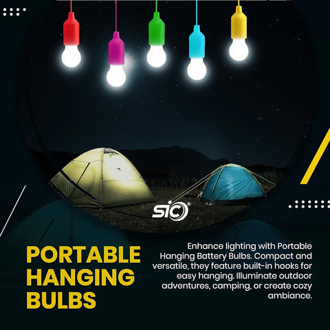 Portable hanging bulbs illuminating tents at night with SIO logo and product description text.