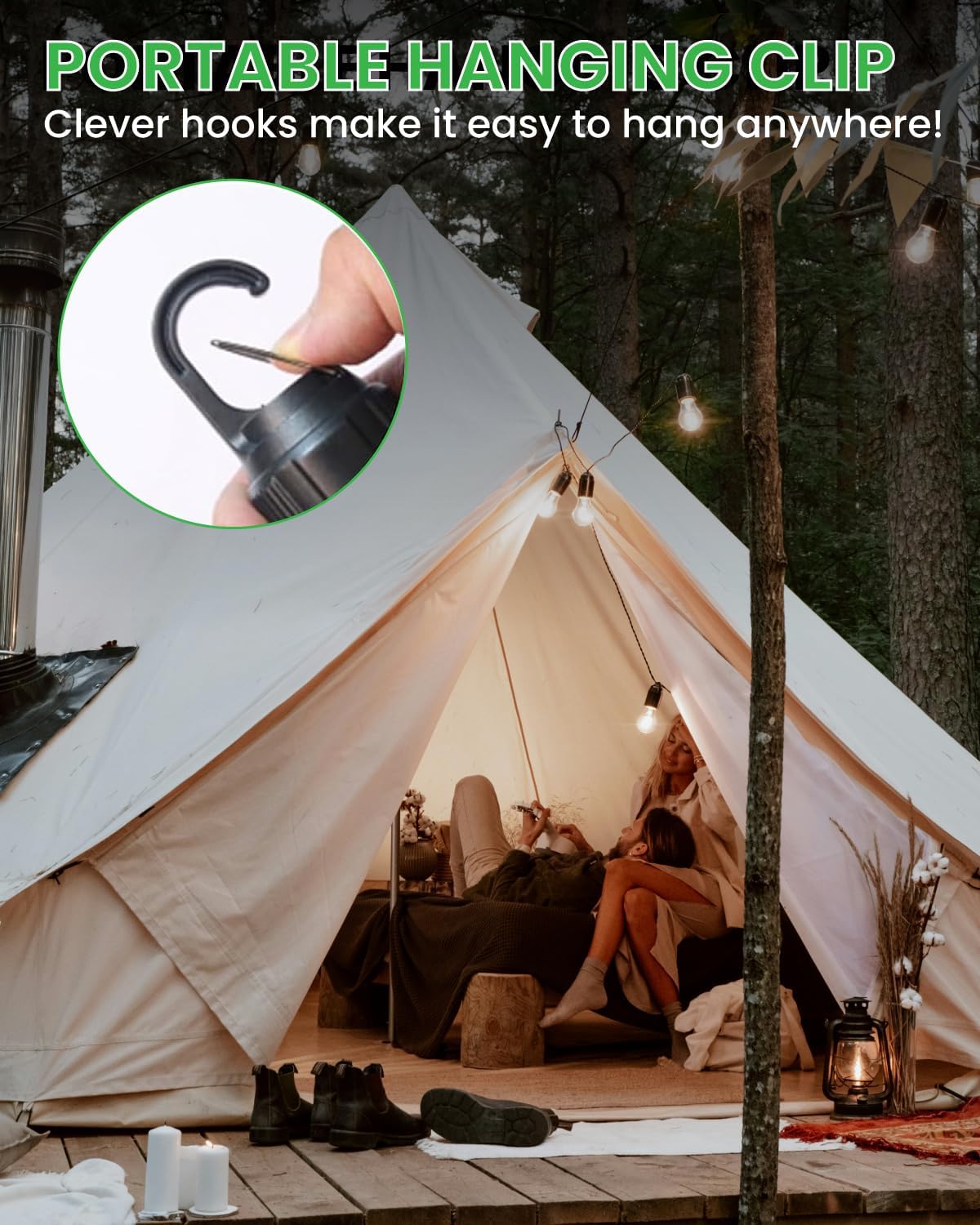 Portable hanging clip being used to hang lights from a tent in a camping setting.