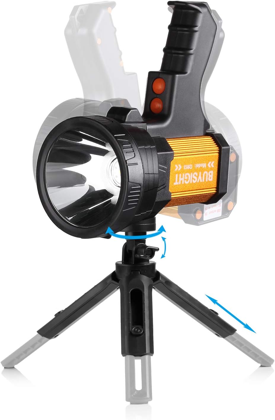 Portable spotlight with tripod attachment on a white background