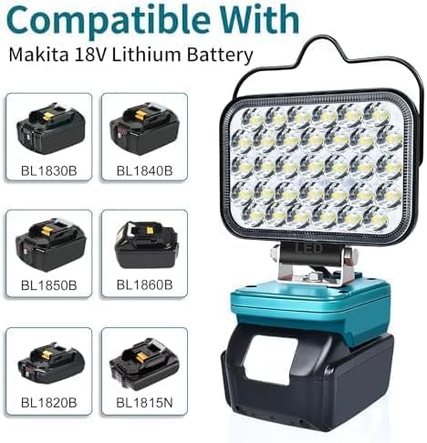 Portable work light compatible with Makita 18V lithium batteries on a white background