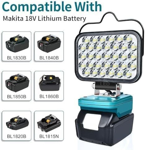 Portable work light compatible with Makita 18V lithium batteries on a white background
