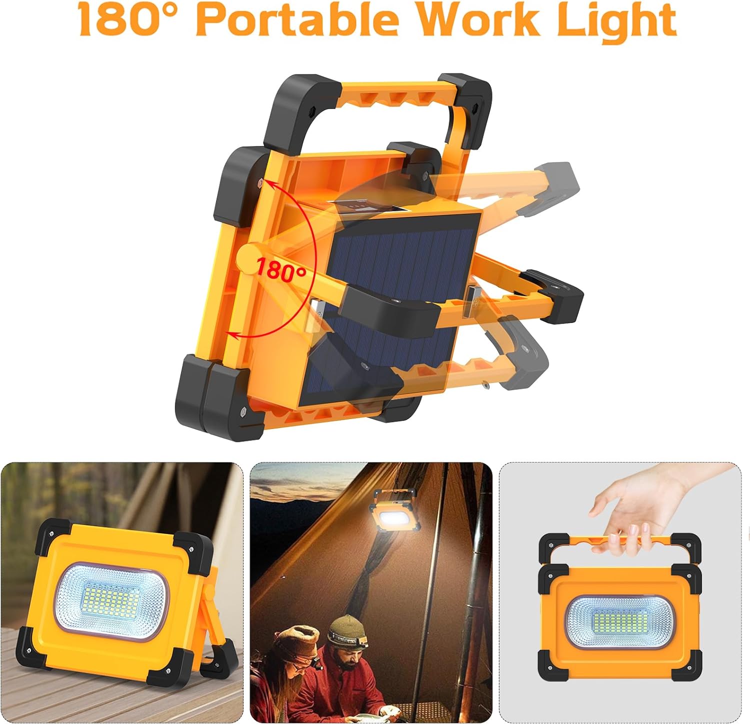 Portable work light with adjustable head and solar panel, shown in use and held by a person.