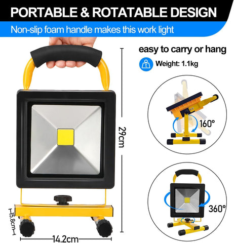 Portable work light with handle and measurement details on a white background