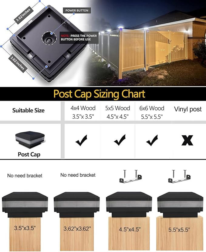 Post cap with measurement chart and installation guide for wooden posts.