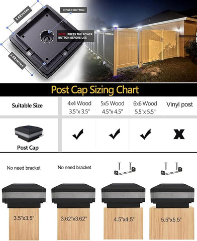 Post cap with measurement chart and installation guide for wooden posts.