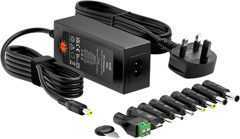 Power adapter set with multiple connectors on a white background