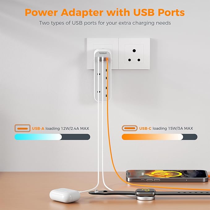 Power adapter with USB ports plugged into a wall socket with a smartphone and mouse on a desk.