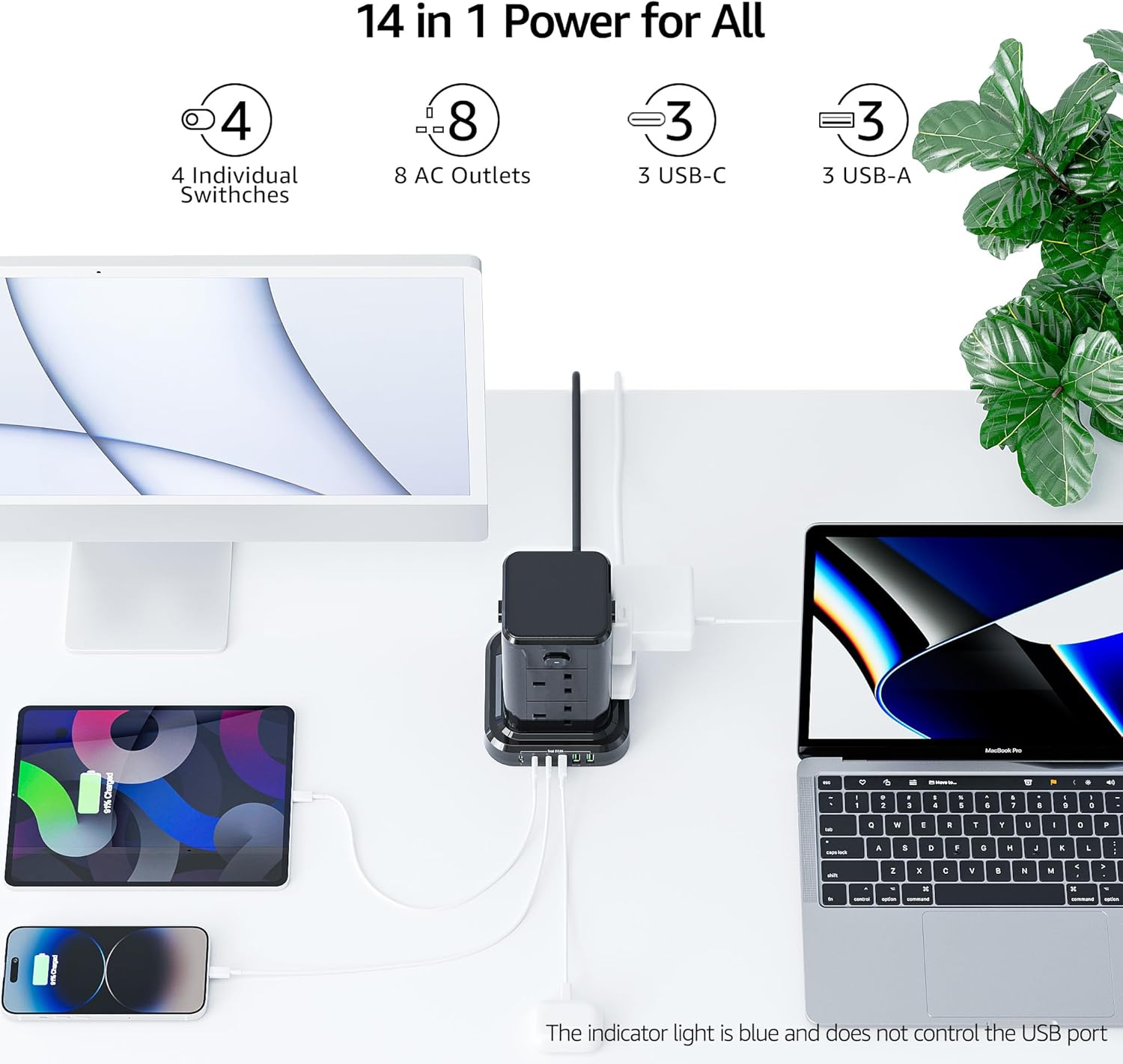Power adapter with multiple ports connected to electronic devices on a white surface with a plant in the background.