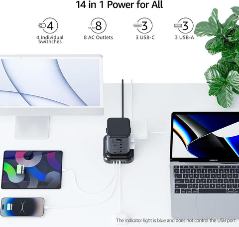 Power adapter with multiple ports connected to electronic devices on a white surface with a plant in the background.