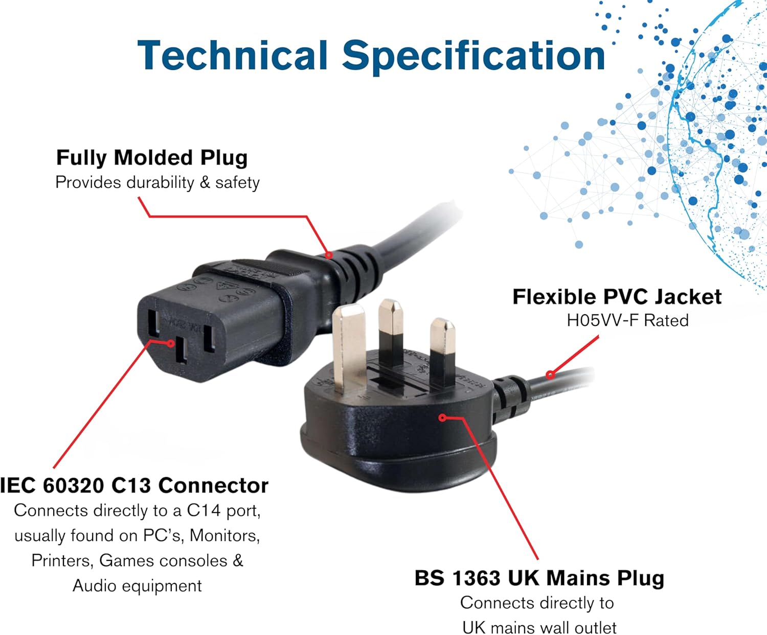 Power cord with technical specifications labeled on a white background