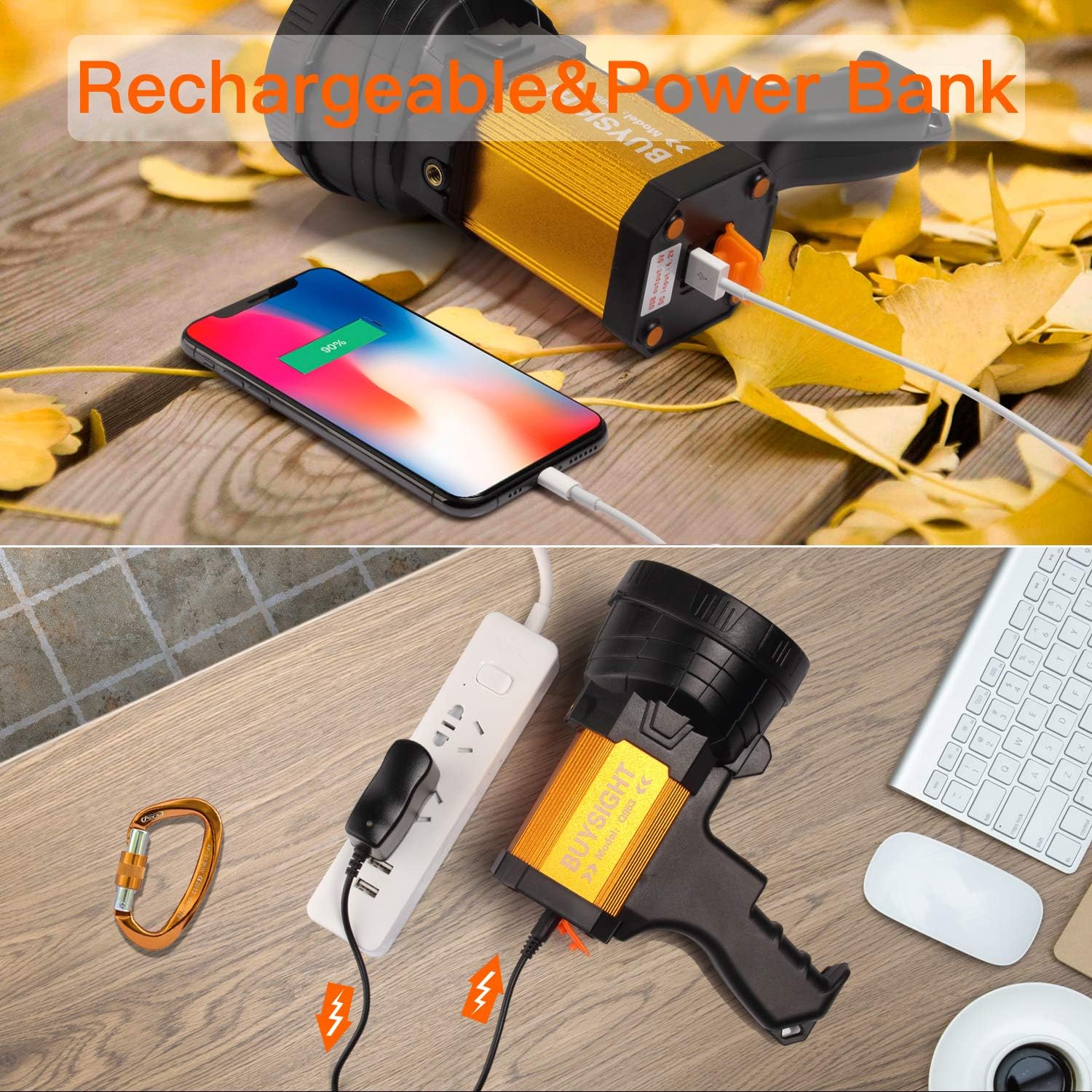 Power inverter charging a smartphone with a focus on 'Rechargeable & Power Bank' text.