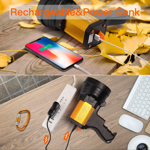 Power inverter charging a smartphone with a focus on 'Rechargeable & Power Bank' text.