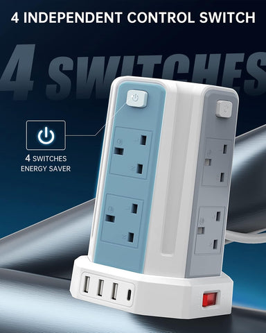 Power strip with four independent control switches on a blue gradient background