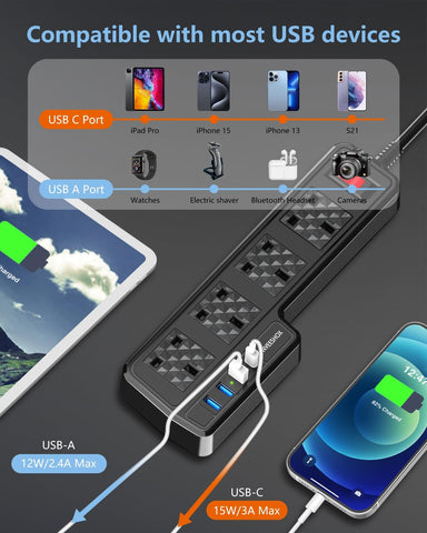 Power strip with multiple USB ports and sockets, showing compatibility with various devices.