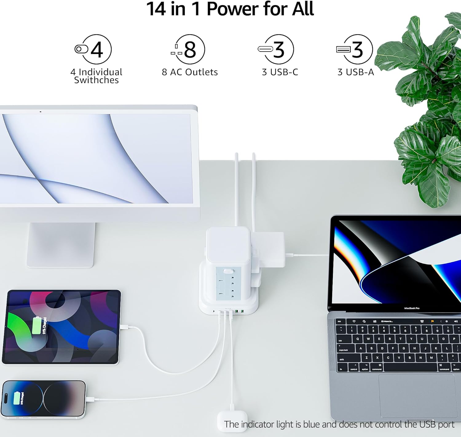 Power strip with multiple devices connected on a white surface with a plant in the background
