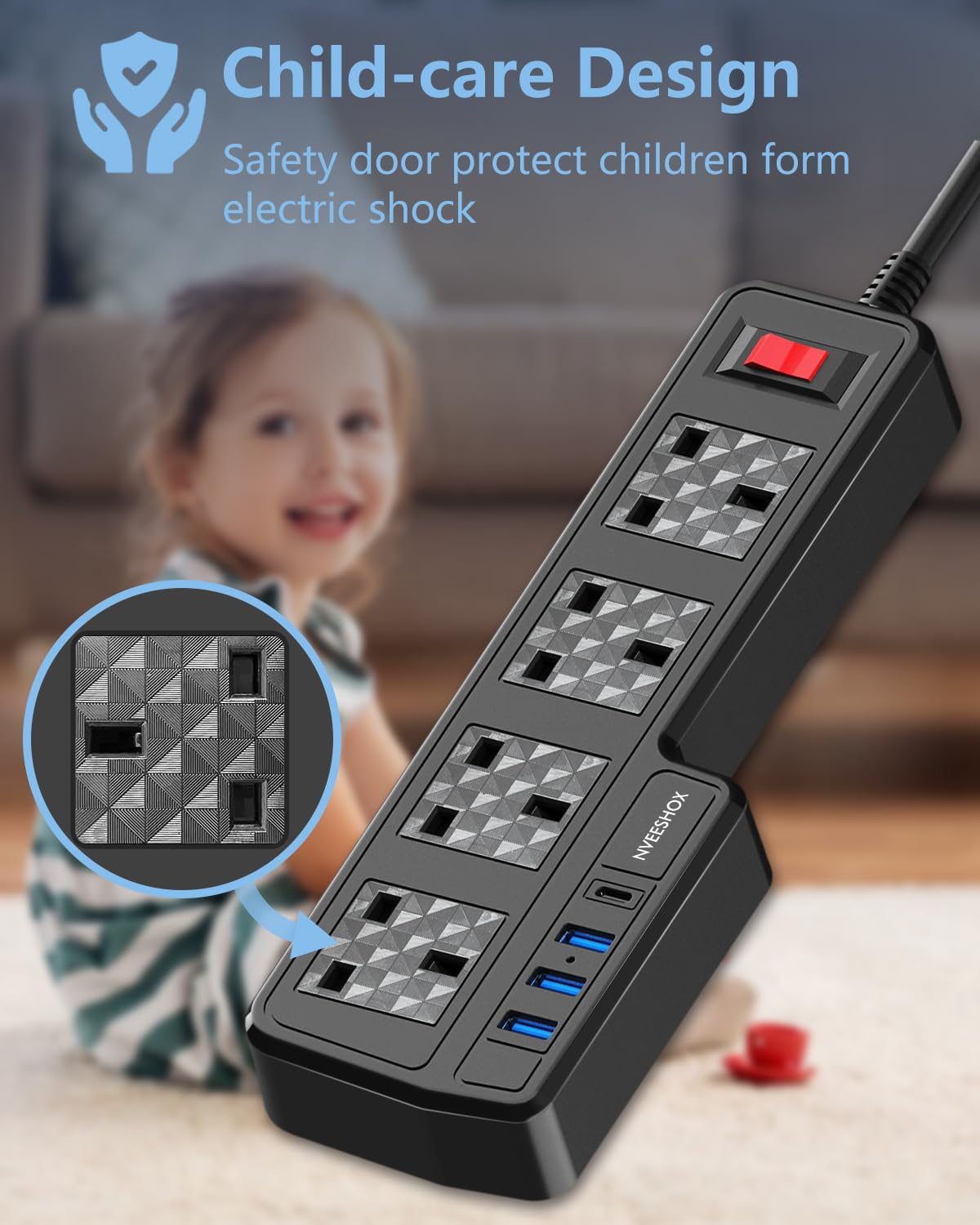 Power strip with multiple outlets and USB ports on a blurred background of a child playing.