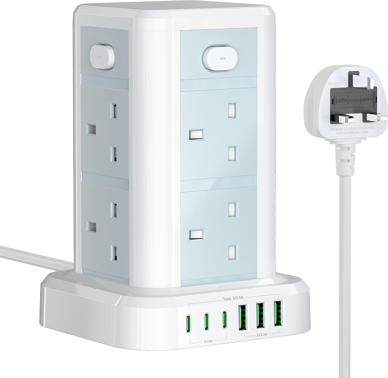 Power strip with multiple outlets and USB ports on a white background