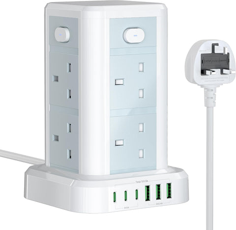 Power strip with multiple outlets and USB ports on a white background