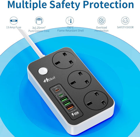 Power strip with multiple safety features on a blue background