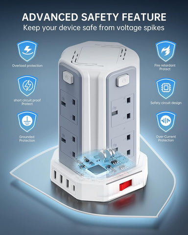 Power strip with safety features on a blue background