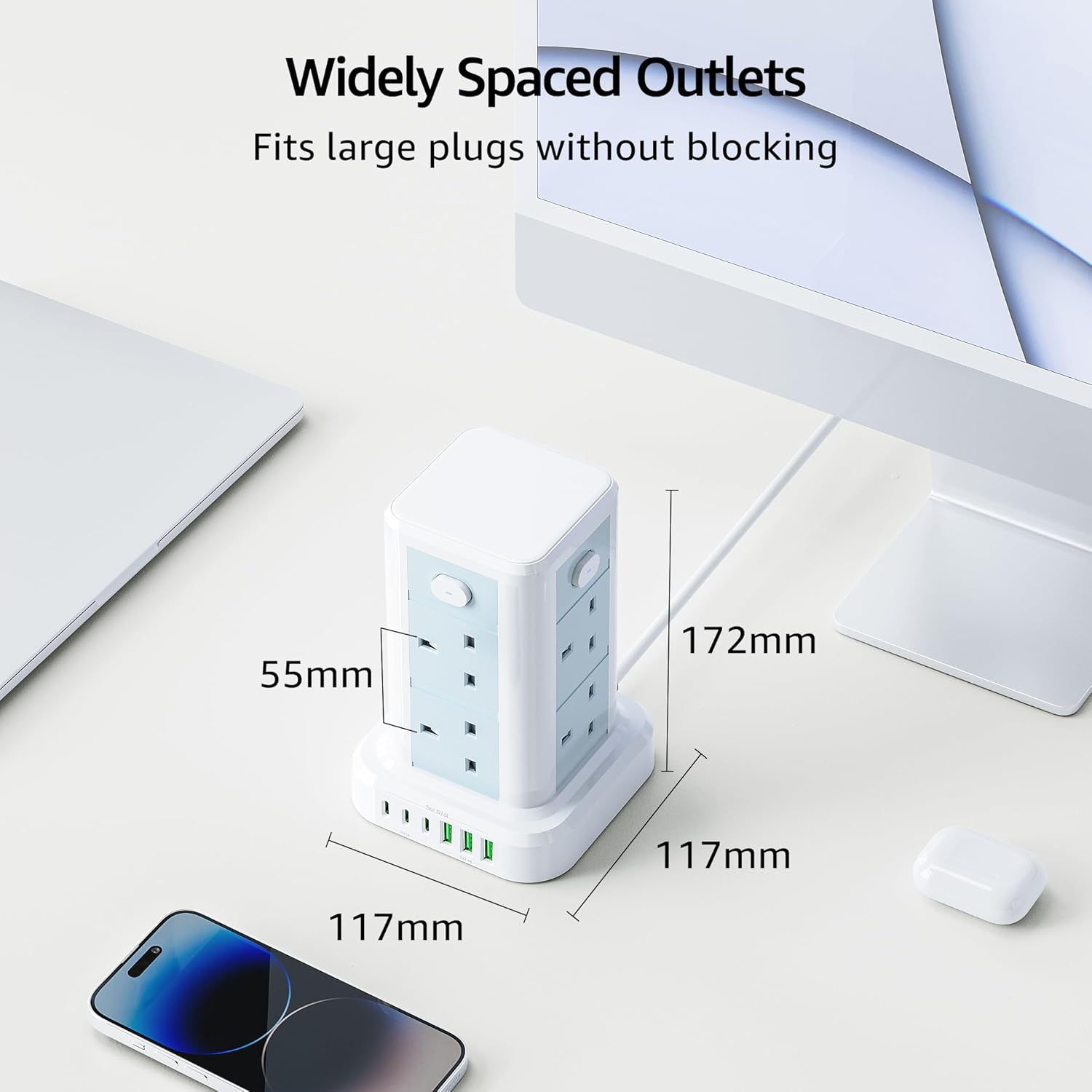 Power strip with widely spaced outlets on a white surface with measurements displayed.