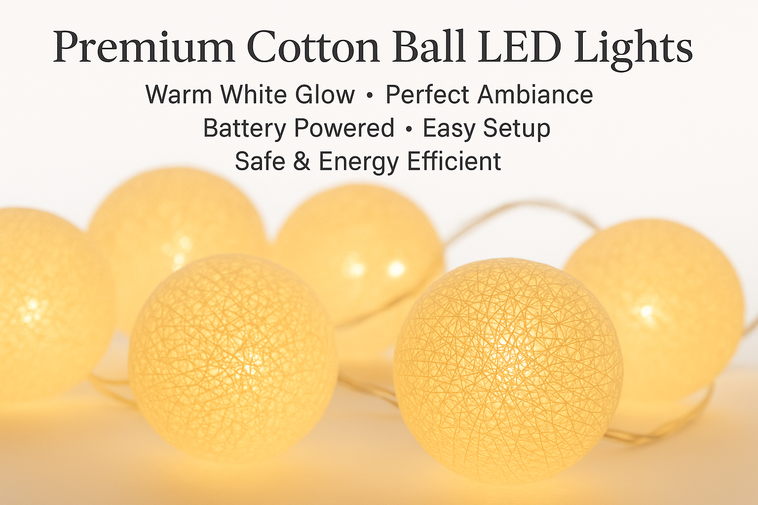 Premium Cotton Ball LED Lights with text on a white background