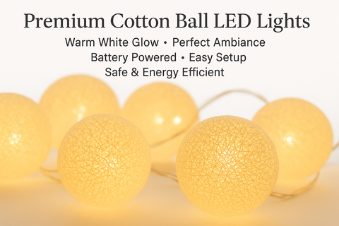 Premium Cotton Ball LED Lights with text on a white background