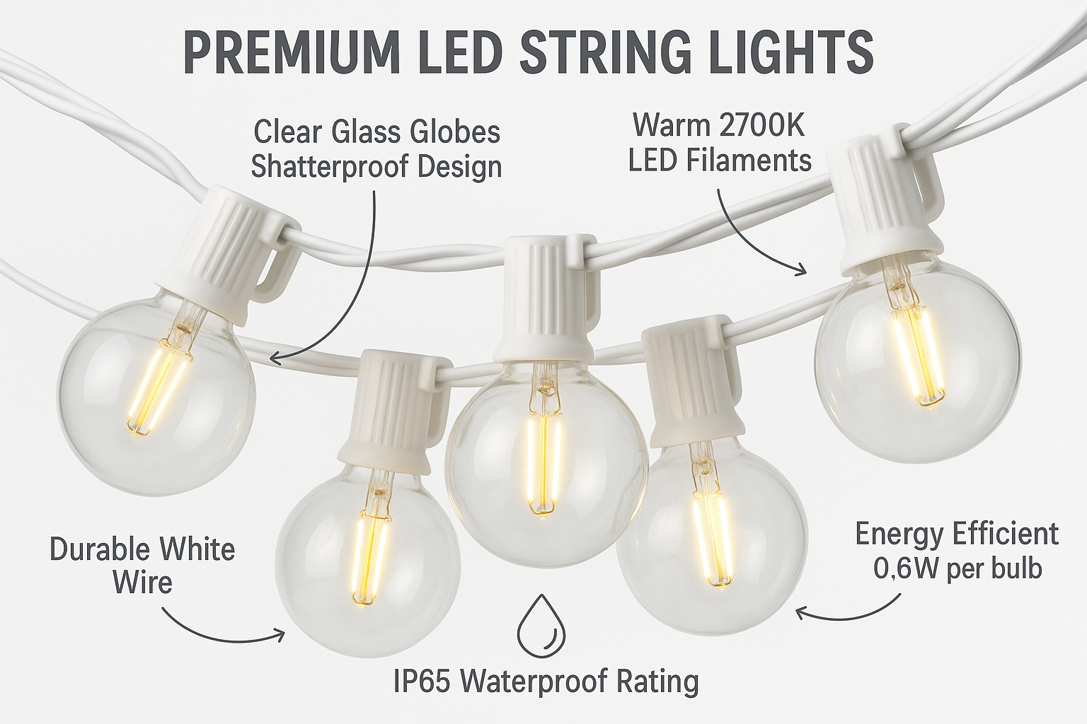 Premium LED string lights with clear glass globes and various features highlighted on a white background.