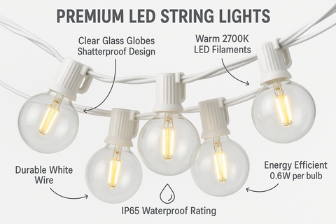 Premium LED string lights with clear glass globes and various features highlighted on a white background.
