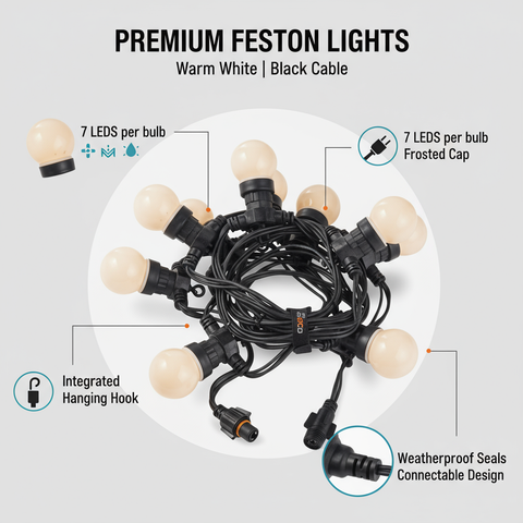 Premium festoon lights with warm white bulbs and black cable on a white background